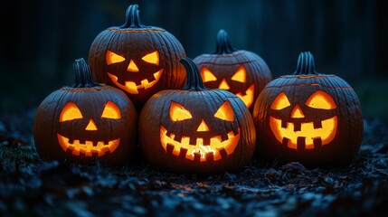 Fototapeta premium Carved pumpkins glow against dark background. Spooky faces shine in the night