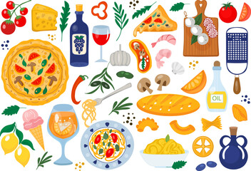 Italian food set, ingredients. Cartoon doodle stickers of traditional products: olive oil, tomatoes, mozzarella, pizza, cheese, pasta. Vector Illustration