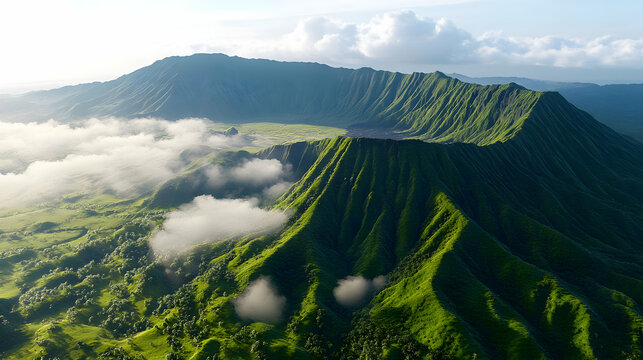 Aerial View Of Lush Volcanic Landscape With Misty Clouds - Powered by Adobe