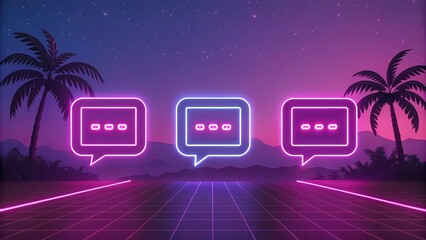 Digital chatbot conversation on a neon-lit retro interface, where every chat bubble is framed by pixelated neon borders, set against a soft gradient of pink and purple.