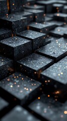 Abstract Close-Up of Textured Black Cubes with Twinkling Sparkles