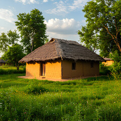 Obraz premium A Mud House in Harmony: Nature's Embrace in Rural Simplicity