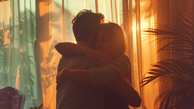 This Two individuals share a warm embrace during sunset, symbolizing reconciliation after disagreement.