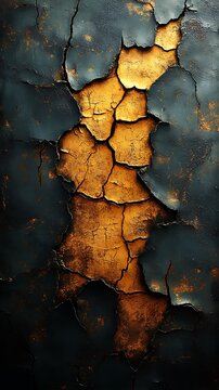 Close-Up of Textured Surface with Cracks Revealing Bright Gold Interior