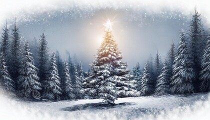 Obraz premium christmas tree in snowy forest with shining star sketchy charcoal background