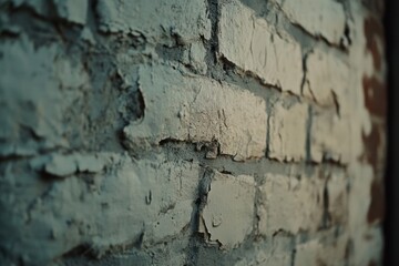 Obraz premium A detailed shot of a white brick wall with a slight patina, where some bricks show traces of wear and fading, adding character and depth. The soft lighting accentuates the texture