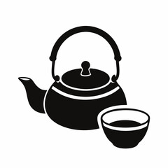 Obraz premium Traditional black iron teapot with a cup on a white background