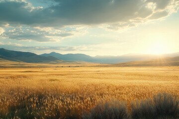 Fototapeta premium A golden wheat field bathed in sunlight, with the soft rays casting a warm glow on the surrounding landscape, and distant mountains visible in the background