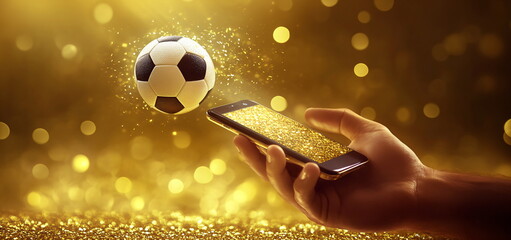 Online football betting. Man holding a phone with a football on the screen among golden confetti, online betting app promotion, sports championship or tournament advertising