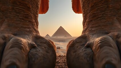 Pyramids and stone monument paws in sunrise desert landscape, ancient architecture and travel destination.  