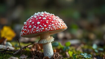 Red spotted mushroom in forest, standing on mossy woodland ground during autumn, closeup macro view.  