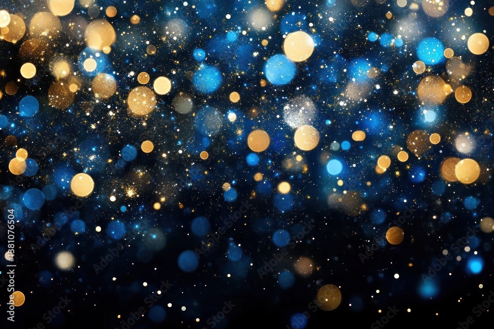 Poster a mesmerizing array of blue, gold, and black sparkles floating through the dark space, with subtle f