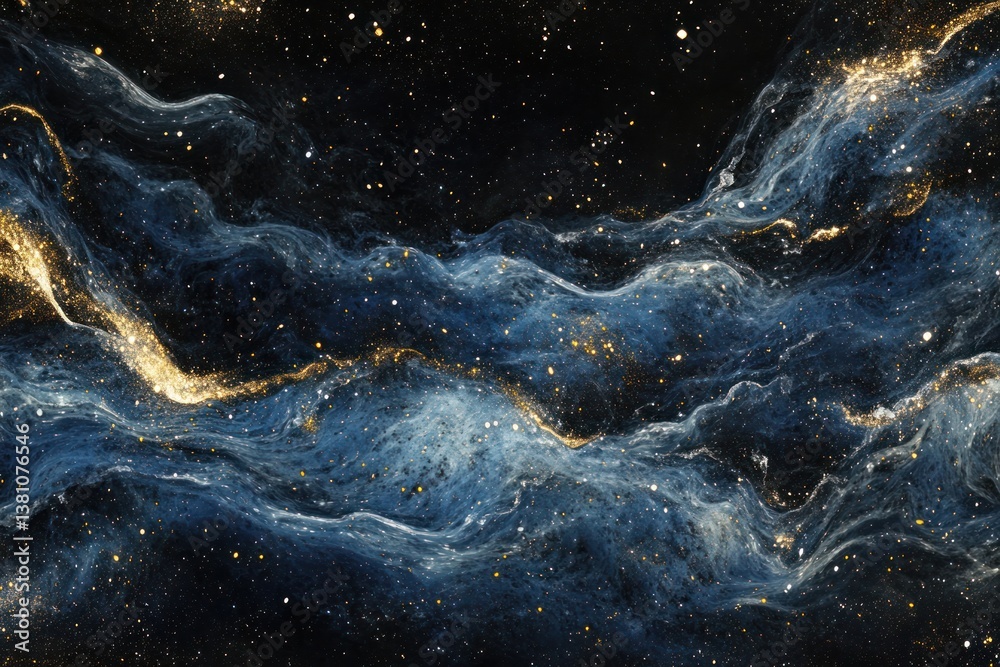 Poster a mesmerizing array of blue, gold, and black sparkles floating through the dark space, with subtle f