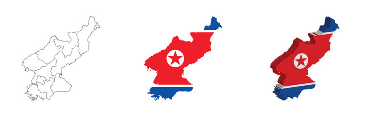 North Korea outline, fill with flag and 3d map