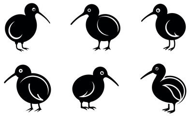 Cute black and white kiwi bird silhouettes.