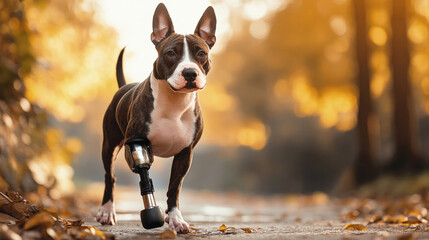 Brave dog with front leg prosthesis walking confidently on autumn path, symbolizing resilience, recovery, and the strength of animals with disabilities.