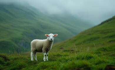 Obraz premium Standing Sheep Grazing on Green Hillside with Mountain in Background