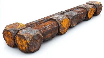 Rusted, segmented metal bar object on white surface, abstract view