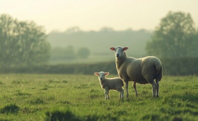 Obraz premium Sheep and Lamb Standing in a Field on a Misty Morning