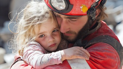 A rescuer embraces a young girl, both appearing dirty and weary, symbolizing hope and compassion after a disaster recovery operation