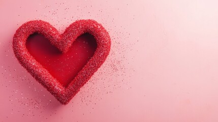 Heart shaped candy design with red sprinkles on pink background for valentine's day celebration