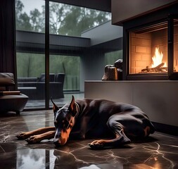 Doberman sleeping by a cozy fireplace