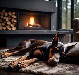 Doberman sleeping by a cozy fireplace 