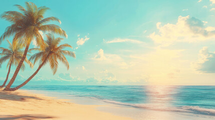 Fototapeta premium Beautiful tropical beach with palm trees under a clear sky at sunset featuring calm ocean waves and soft sand