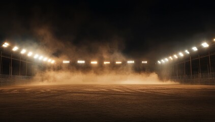 Empty arena at night, lit by spotlights.  Dusty, smoky atmosphere