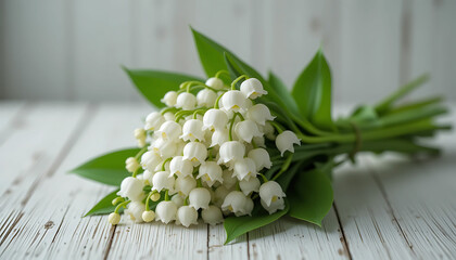 Obraz premium A bunch of lily of the valley flowers with green leaves on a white wooden surface in soft lighting