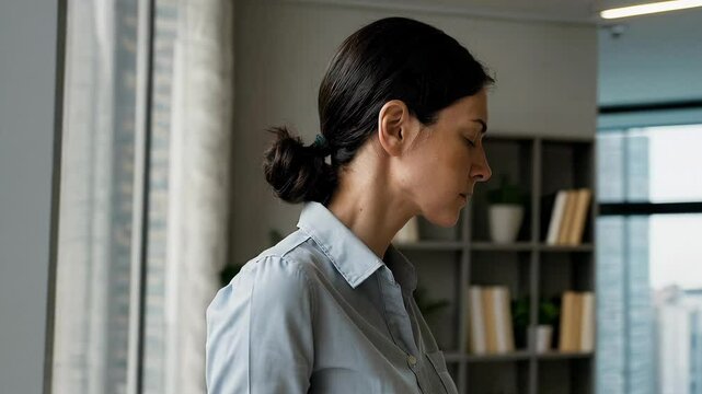 Stressed Businesswoman Looking Down In Modern Office Interior. Visual Concept For Professional Burnout, Mental Exhaustion, Workplace Pressure, And Emotional Health In Corporate Setting
