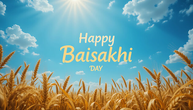 Happy baisakhi day greeting card with wheat field and blue sky with clouds and sun flare celebration