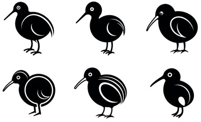 Cute black and white kiwi bird silhouettes.