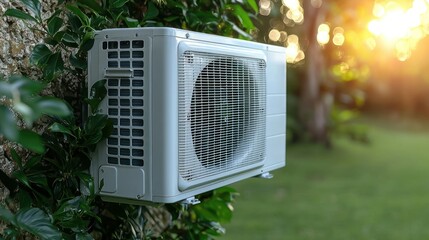 Outdoor Air Conditioning Unit in Lush Green Garden