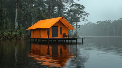 Fototapeta premium Orange Lakeside Tent Cabin in Misty Rainforest