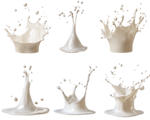 Six Creamy White Milk Splashes on Transparent Background, PNG