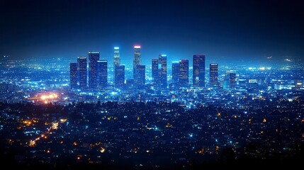 Fototapeta premium Skyline view of a city at night with bright lights on tall buildings