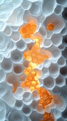 Close-Up of Honeycomb Structure with White Hexagonal Cells and Glowing Orange Accents