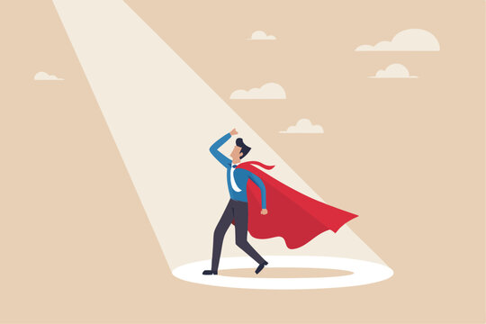 Best success candidate, search for talent, outstanding staff or discover high performance employee, leadership, hiring or recruitment concept, confidence businessman superhero with spotlight shining.