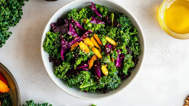 Colorful fresh salad with kale and avocado served with juice on a white tabletop