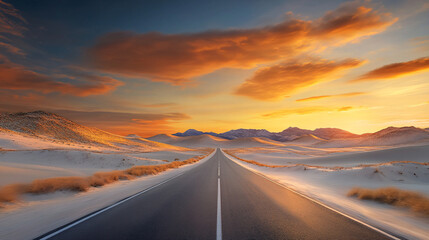 long, empty road stretches through surreal desert landscape with vibrant orange and pink clouds at sunset, creating dreamlike atmosphere