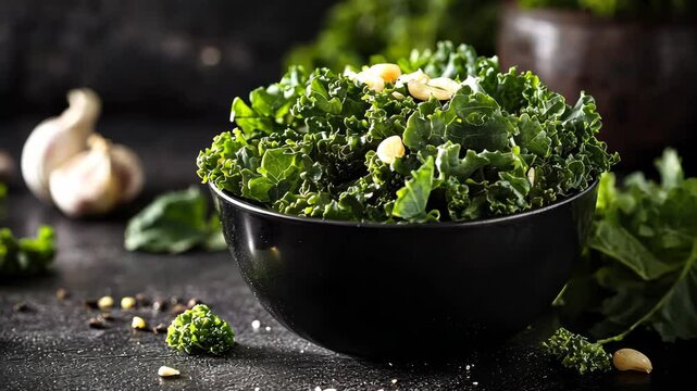 Fresh kale salad preparation with garlic and nuts in rustic kitchen setting