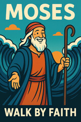 Modern Christian illustration of Moses parting the Red Sea in a bold, flat style. Vibrant colors and clean design make it ideal for faith-based, church, or inspirational projects.
