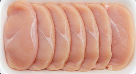 Chicken Breast Slices: Fresh, raw chicken breast fillets neatly arranged on a clean tray, showcasing their tender texture and culinary potential.