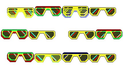 Cartoon Retro Pixel Art Sunglasses Animation on White Screen. Glasses appearing and disappearing with a glitch effect for retro gaming aesthetics, digital art projects, vaporwave visuals, summer vibes