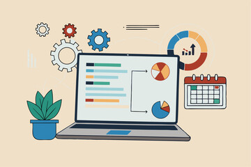 Project management, planning for software development, resources and budget planning, project schedule diagram, Gantt chart for work deadline concept, computer laptop with project management software.