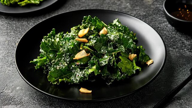 Fresh kale salad preparation with garlic dressing on black plate
