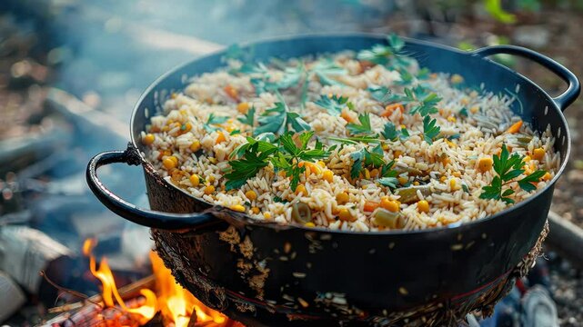 pilaf in a cauldron on a fire. Selective focus. Food.