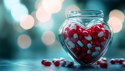 Heart-shaped glass jar filled with red and white pills (1)