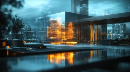 Futuristic Urban Living in a Glass House with Cityscape Reflections